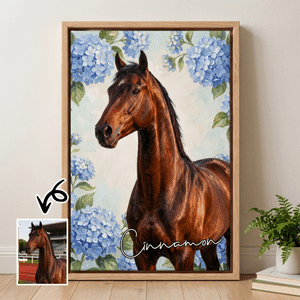 Personalised Realistic Oil Painting Horse Portrait Birth Flower Canvas Print with Name Home Decor Housewarming Birthday Gift for Horse Owners