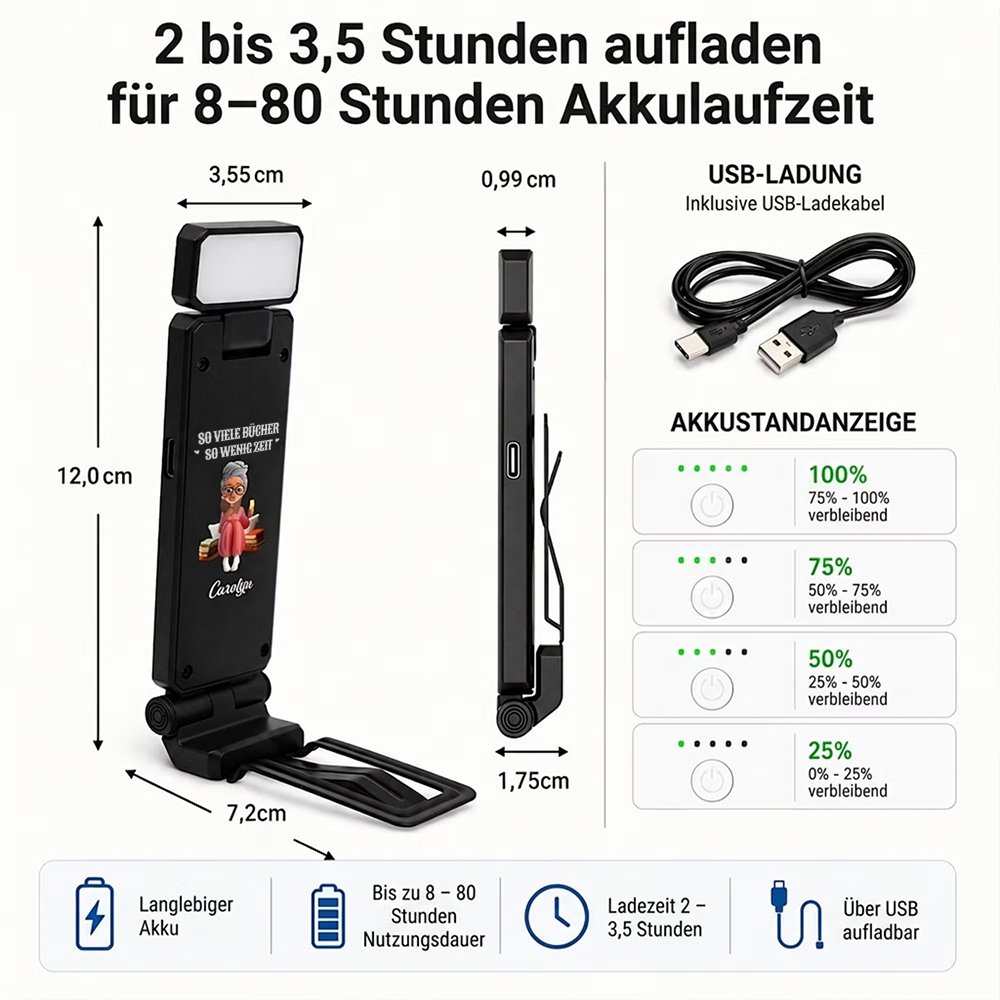 Personalisierte LED-Leselampe mit Namen & Cartoon-Figur | dimmbar & aufladbar | 3 Lichtmode | mit Buchklemme | Geburtstagsgeschenk für Buchliebhaber 10