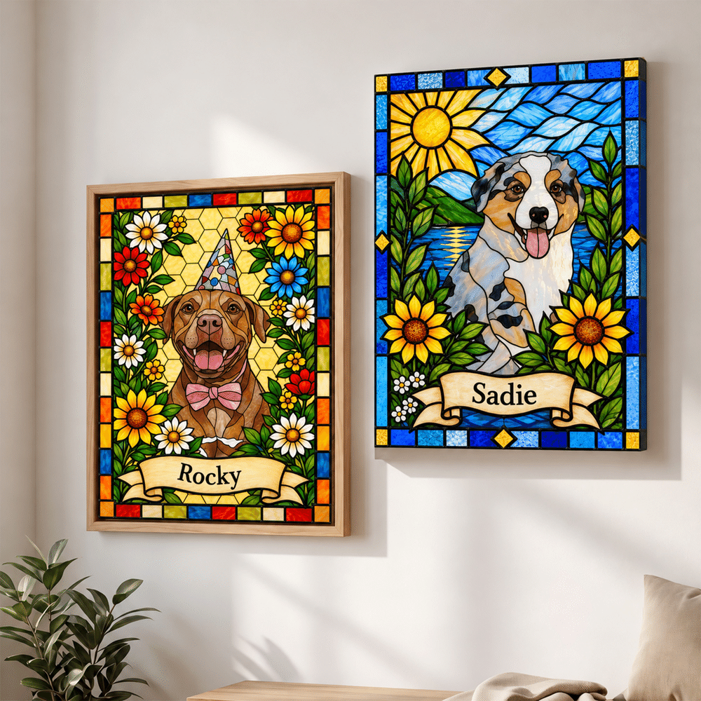 Gepersonaliseerde canvasafdrukken in glas-in-loodstijl met foto van huisdier en naam – Wanddecoratie voor thuis, verjaardagscadeau voor huisdiereigenaren en -liefhebbers 4