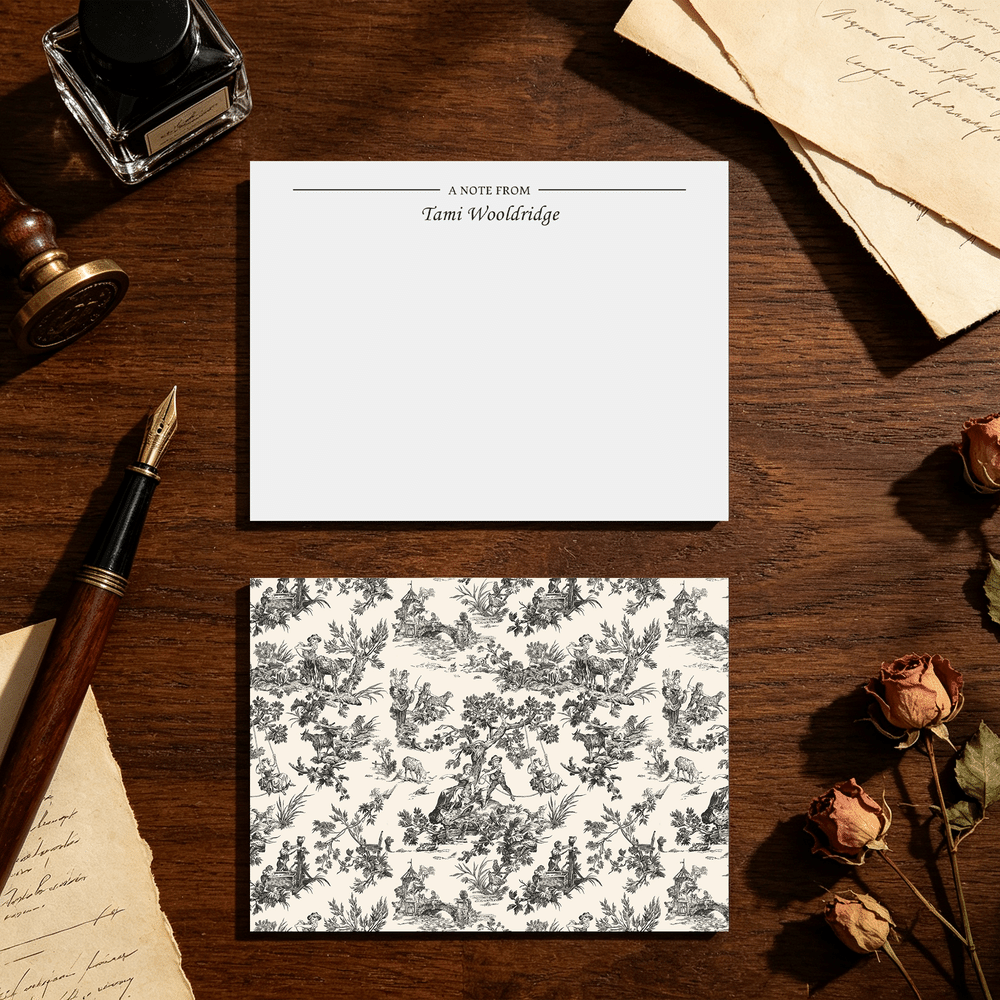 Personalised French Toile De Jouy Print Flat Note Card with Name and Address Sticker Set of 20 Daily Use Birthday Anniversary Gift for Friend Family 4
