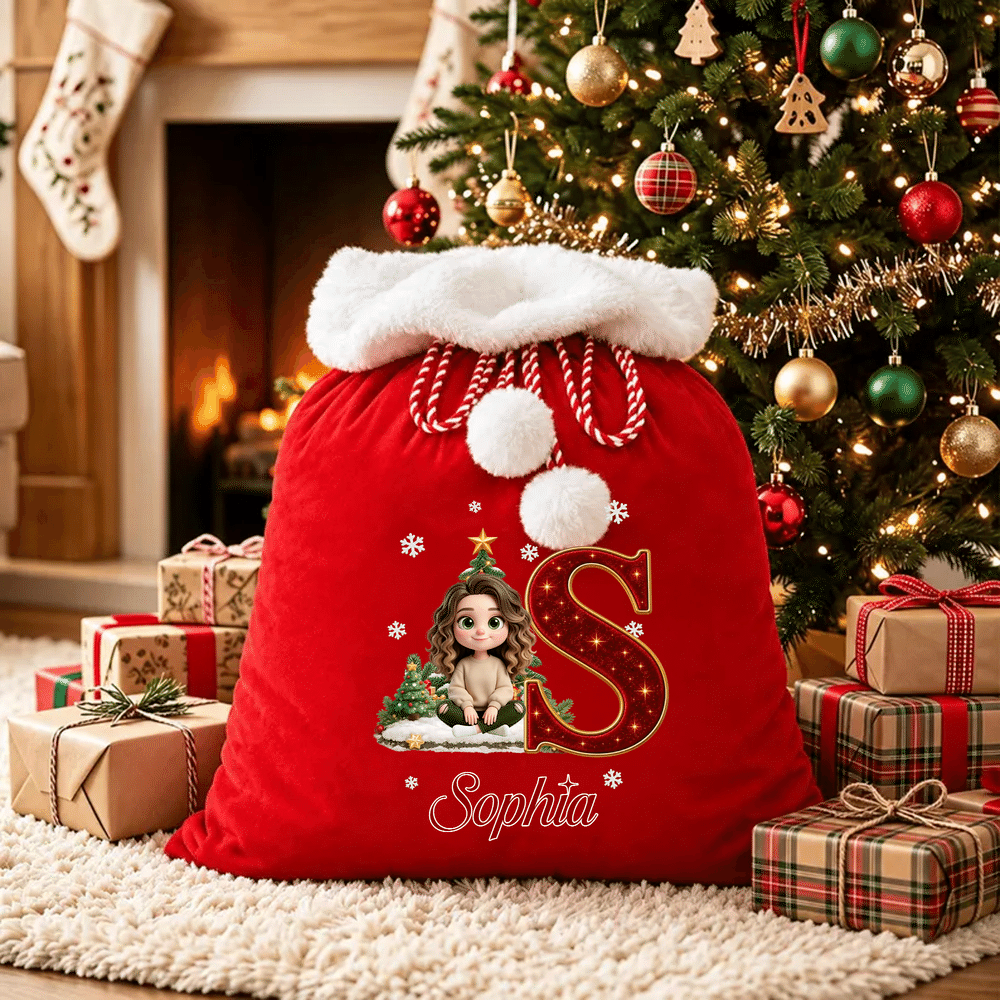 Personalised 3D-Effect Artwork Cartoon Character Photo Velvet Pom-Pom Santa Sack Gift Bag with Name Holiday Decor Christmas Gift for Kids Family 7