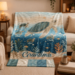 Personalised Sea Turtle Family Quilt-Effect Soft Throw Blanket with Title and 1-10 Names Home Decor Birthday Christmas Gift for Mum Gran Family 6