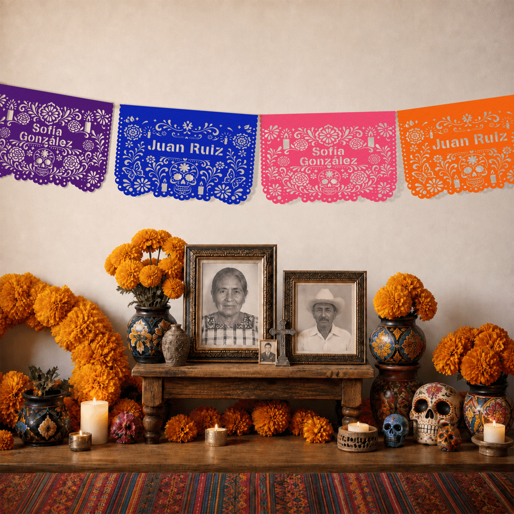 Personalised Mexican Sugar Skull Floral Papel Picado Cutout Banners Flags with Name Fiesta Party Decor Day of the Dead Gift for Loss of Loved One 3