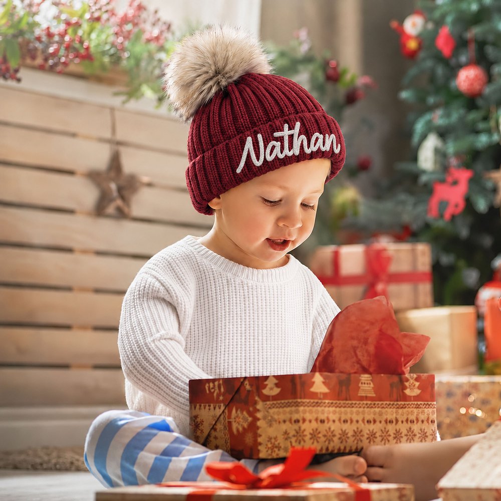 Individuell gestaltete, mit mehrfarbigem Garn umwickelte, weiche Baby-Strickmütze mit Pompon, ab 2 Monaten bis 6 Jahren, für den Winteralltag, als Geschenk zur Babyparty für Babys und Kleinkinder 3