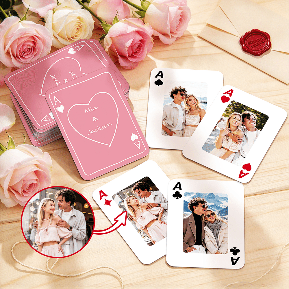 Personalised Romantic Couple Photo Heart Playing Cards Iron Box Set with Text Wedding Engagement Gift for Newlyweds Couples 1