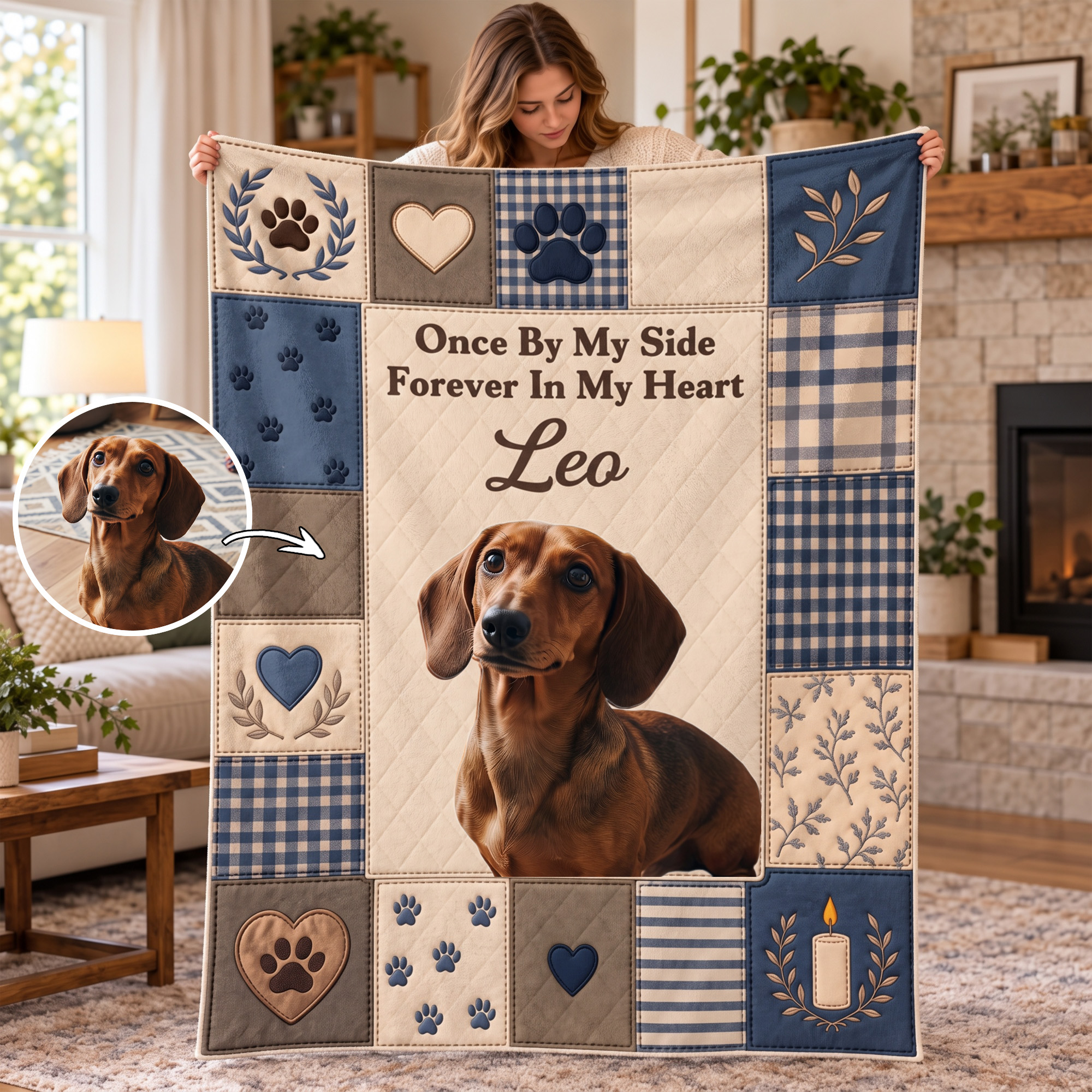 Personalized Quilt-Effect Patchwork Style Paw Print Soft Throw Blanket with Photo and Name Pet Loss Sympathy Memorial Gift for Pet Owner