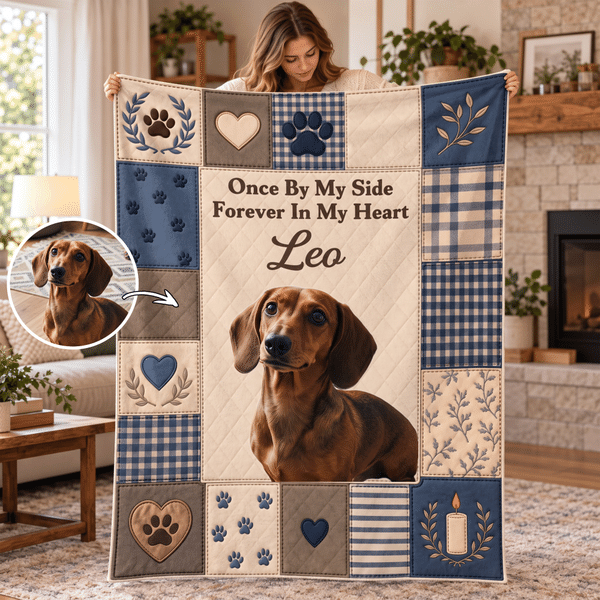 Personalized Quilt-Effect Patchwork Style Paw Print Soft Throw Blanket with Photo and Name Pet Loss Sympathy Memorial Gift for Pet Owner