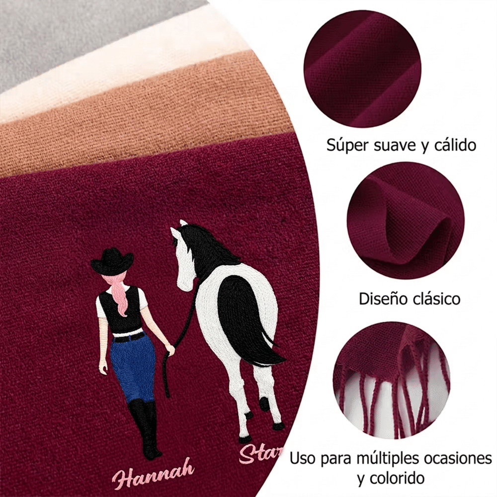 Bufanda bordada personalizada con jinete y caballo multicolor, nombre, suave y cálida con flecos - Regalo de cumpleaños para amantes de los caballos 11