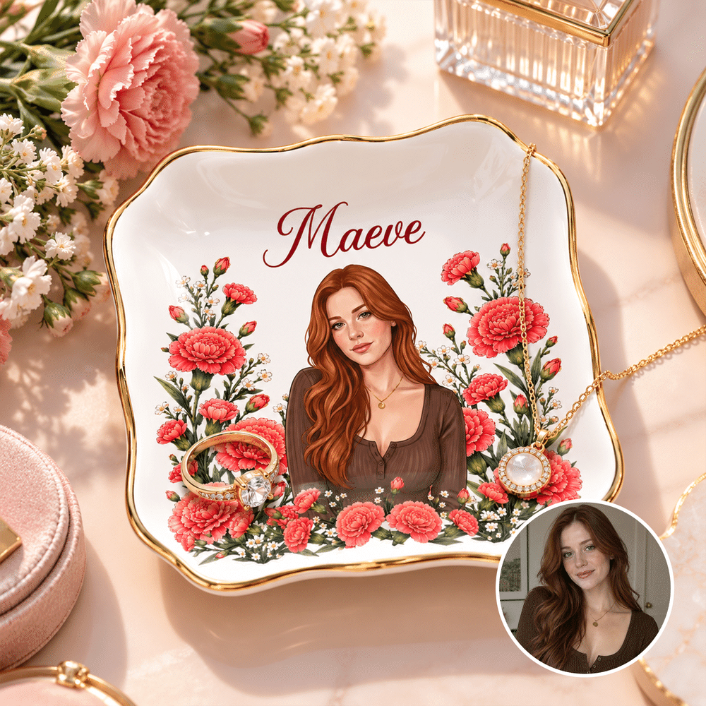 Personalised Elegant Birth Flower Portrait Gold Rim Ceramic Jewellery Dish with Photo and Name Birthday Gift for Women Friends 2