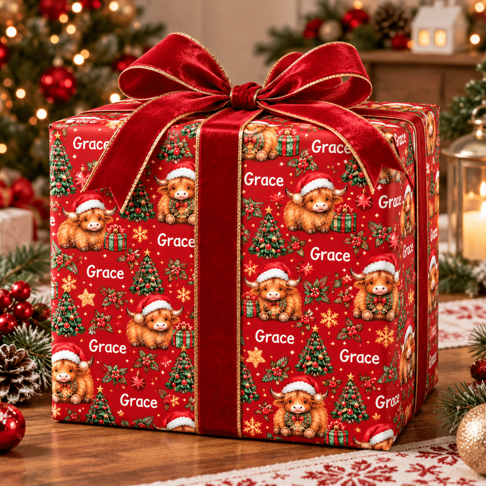 Personalized Highland Cow Christmas Tree Wrapping Paper with Name Christmas Gift for Family Friends 5
