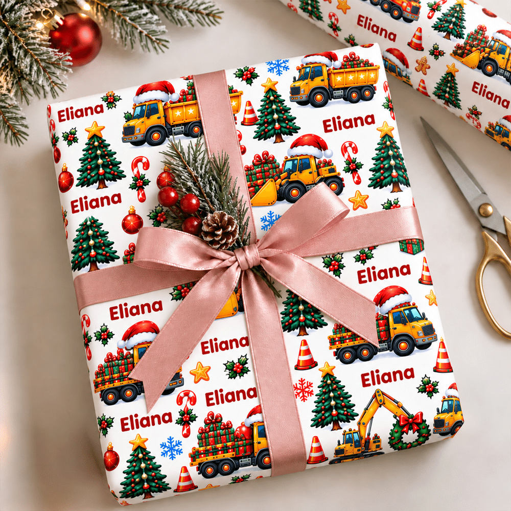 Papel de regalo personalizado con motivos de vehículos de construcción y árboles de Navidad, con nombre, ideal para envolver regalos de Navidad para niños, amigos y familiares 3