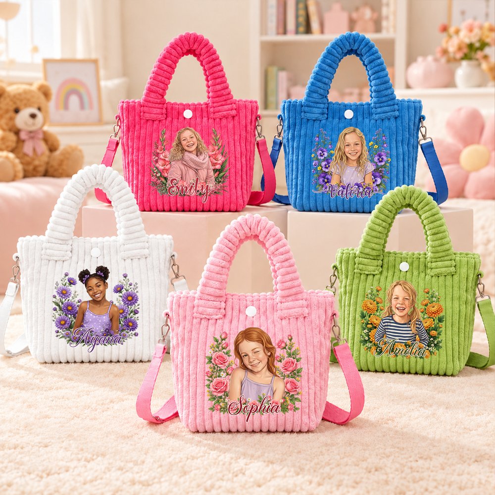 Personalized Birth Flower Cartoon Character Photo Corduroy Kid Crossbody Bag with Name Birthday Gift for Girls 6