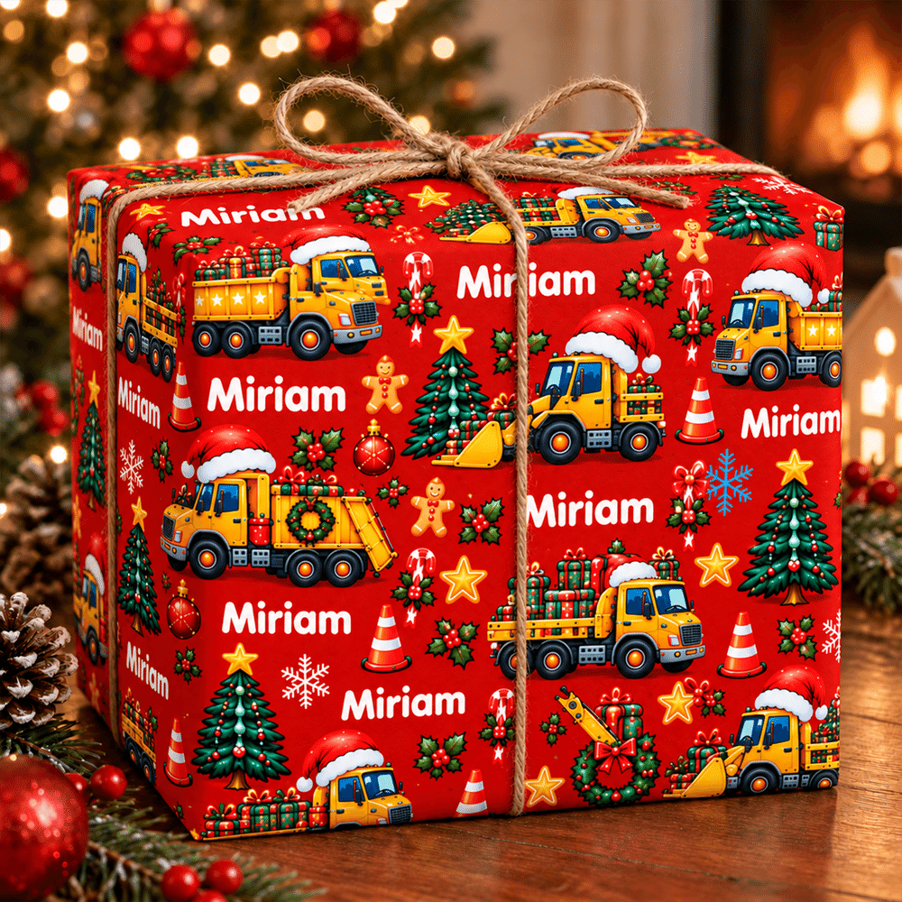 Papel de regalo personalizado con motivos de vehículos de construcción y árboles de Navidad, con nombre, ideal para envolver regalos de Navidad para niños, amigos y familiares 5