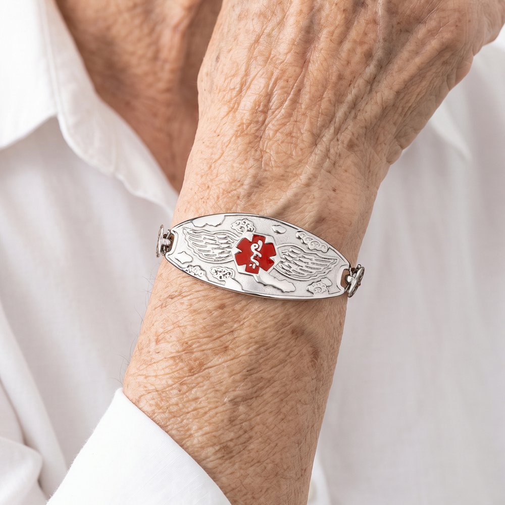 Pulsera de identificación médica personalizada con alas de ángel y información médica grabada; regalo de cumpleaños para situaciones de emergencia y primeros auxilios, ideal para personas con diabetes, alergias o epilepsia 7