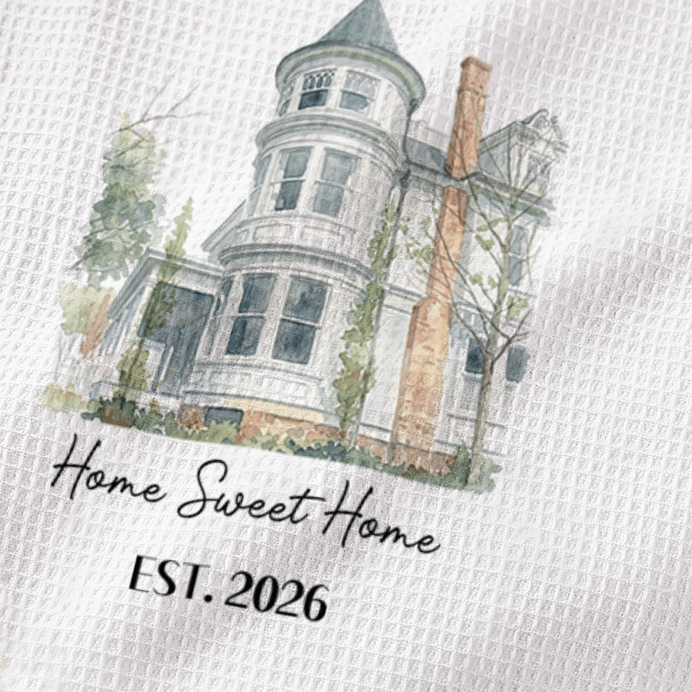 Personalised Watercolor House Photo Soft Waffle Tea Towel with Text and Year Kitchen Decor Housewarming Christmas Gift for Family Friends 8