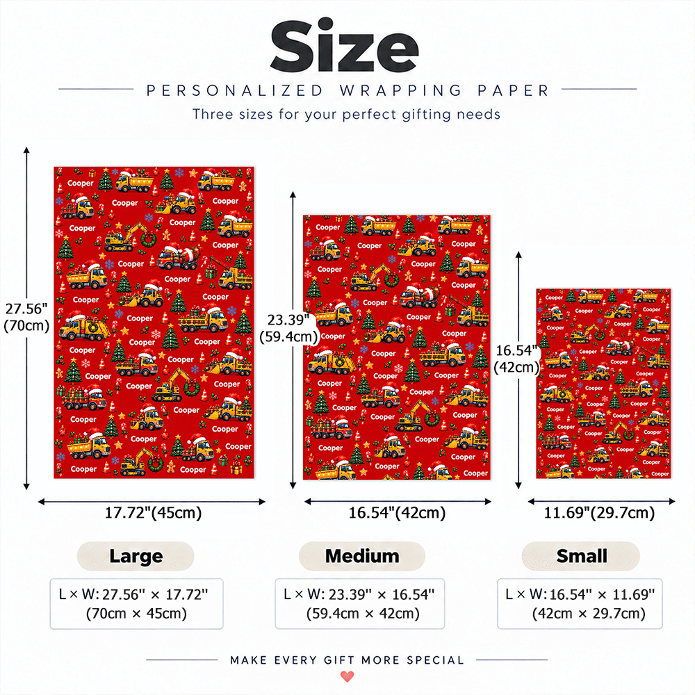 Papel de regalo personalizado con motivos de vehículos de construcción y árboles de Navidad, con nombre, ideal para envolver regalos de Navidad para niños, amigos y familiares 9