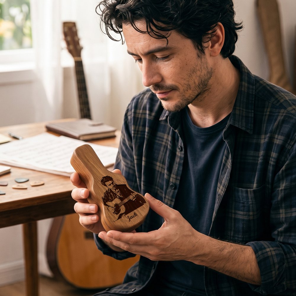Personalized Engraved Photo Pattern Wooden Guitar Pick Holder Case Set with Name and Text Music Accessories Birthday Gift for Guitar Player 6