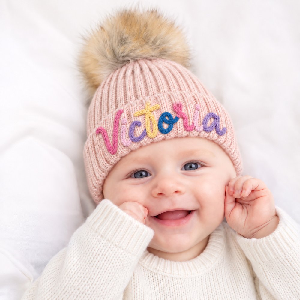 Individuell gestaltete, mit mehrfarbigem Garn umwickelte, weiche Baby-Strickmütze mit Pompon, ab 2 Monaten bis 6 Jahren, für den Winteralltag, als Geschenk zur Babyparty für Babys und Kleinkinder 2