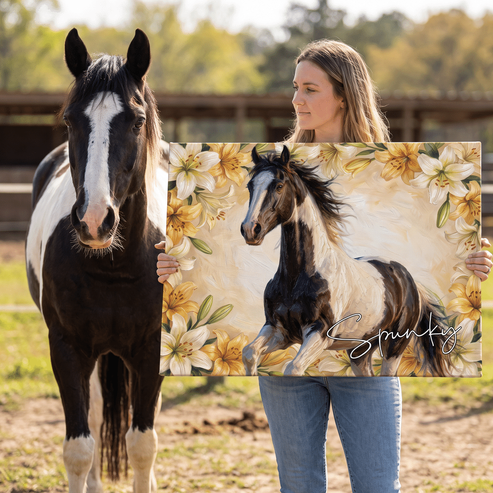 Personalised Realistic Oil Painting Horse Portrait Birth Flower Canvas Print with Name Home Decor Housewarming Birthday Gift for Horse Owners 5