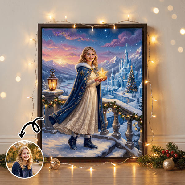 Stampe fotografiche personalizzate per bambini in stile fiabesco con castello di fiocchi di neve: decorazioni da parete per la casa, regali di Natale e di compleanno per familiari e amici