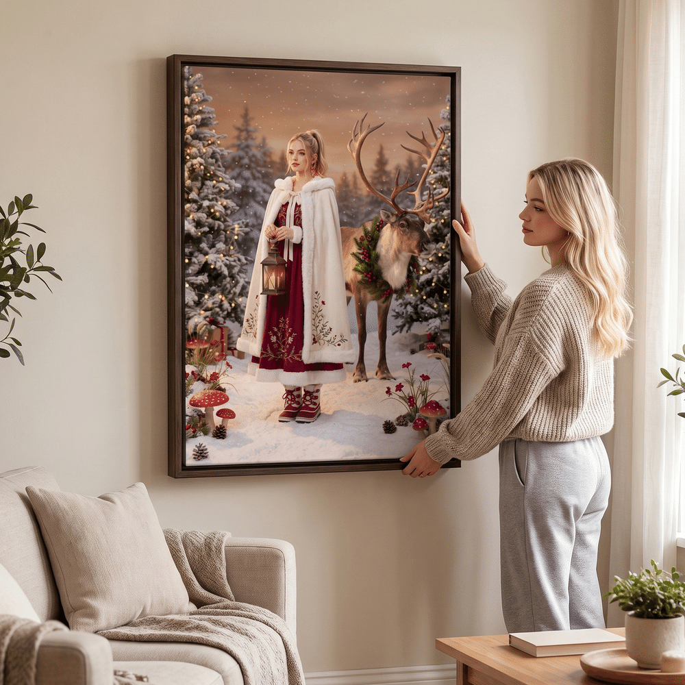 Stampe su tela personalizzate con foto di renne nella foresta di pini innevati – Decorazioni da parete per la casa – Regalo di Natale o di compleanno per familiari e amici 2