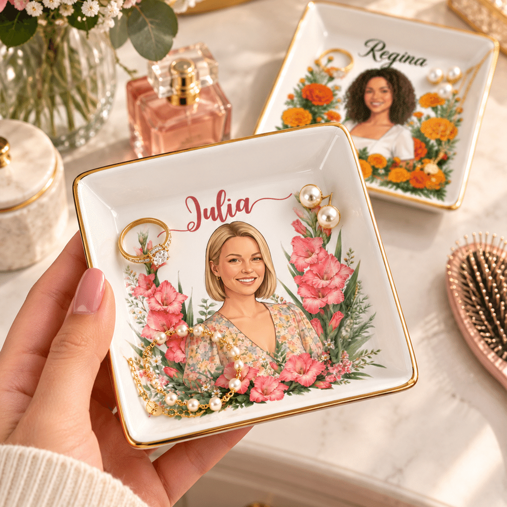 Personalised Elegant Birth Flower Portrait Gold Rim Ceramic Jewellery Dish with Photo and Name Birthday Gift for Women Friends 4