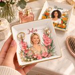 Personalised Elegant Birth Flower Portrait Gold Rim Ceramic Jewellery Dish with Photo and Name Birthday Gift for Women Friends 4