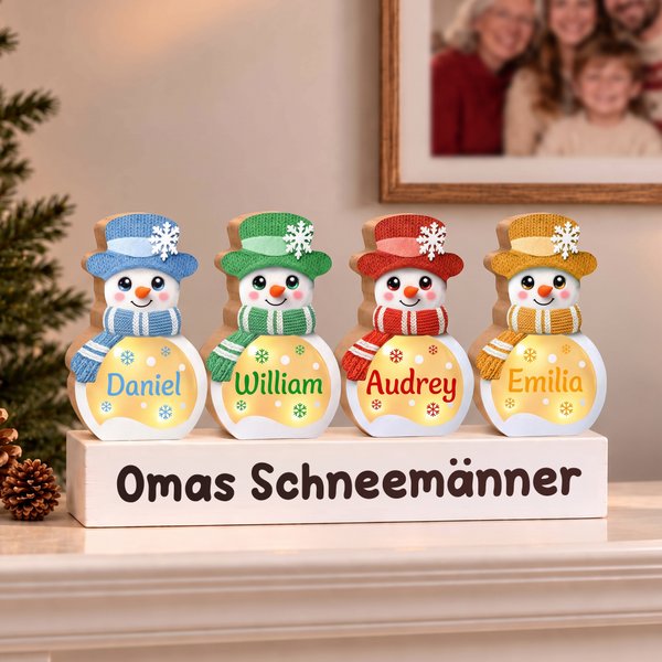 Personalisierte Schneemann-Deko aus Holz mit LED-Licht  | mit Namen und Holzsockel | Weihnachtsdeko | Fensterdeko | Geschenk für Familie