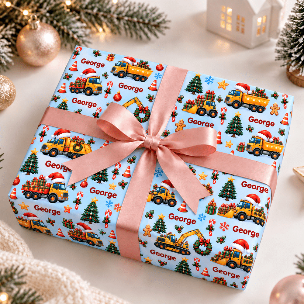 Papel de regalo personalizado con motivos de vehículos de construcción y árboles de Navidad, con nombre, ideal para envolver regalos de Navidad para niños, amigos y familiares 4