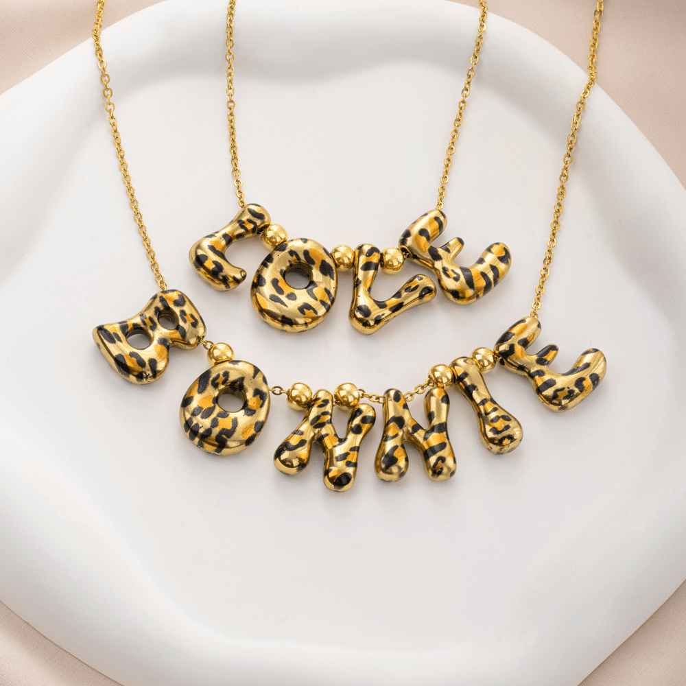 Personalised Trendy Y2K Leopard Print 3D Bubble Letter Necklace with Name Daily Wear Birthday Gift for Women Teen Girls 2