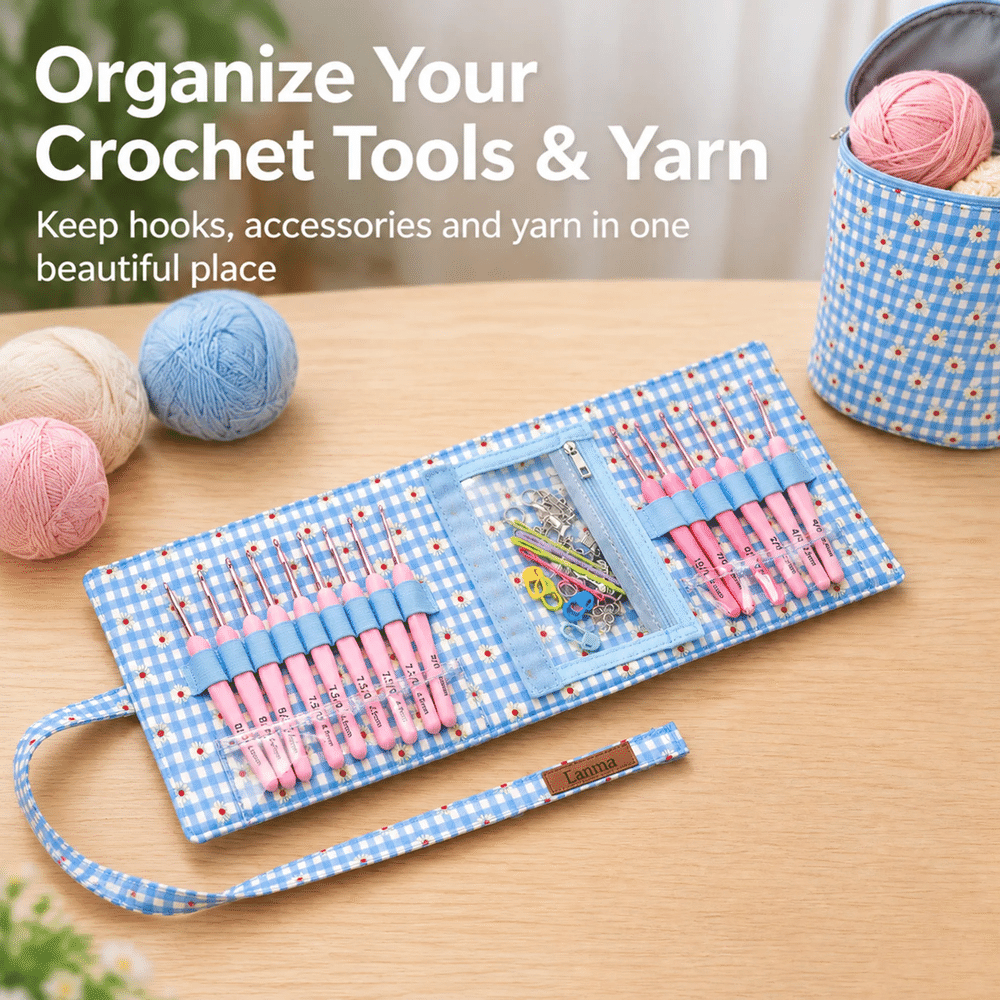 Personalized Daisy Gingham Crochet Hook Organizer Yarn Ball Storage Bag with Name and Handle Daily Use Birthday Gift for Crochet Lovers Women 8