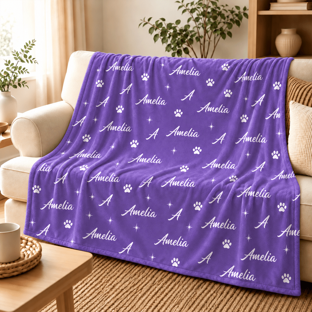 Personalized Star Paw Print Word Cloud Soft Throw Blanket with Initial Name and Number Home Decor Birthday Christmas Gift for Kids Family Friends 2