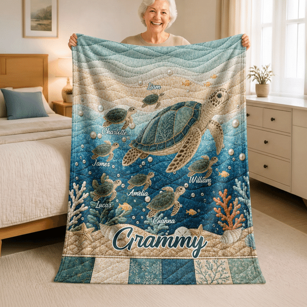 Personalised Sea Turtle Family Quilt-Effect Soft Throw Blanket with Title and 1-10 Names Home Decor Birthday Christmas Gift for Mum Gran Family