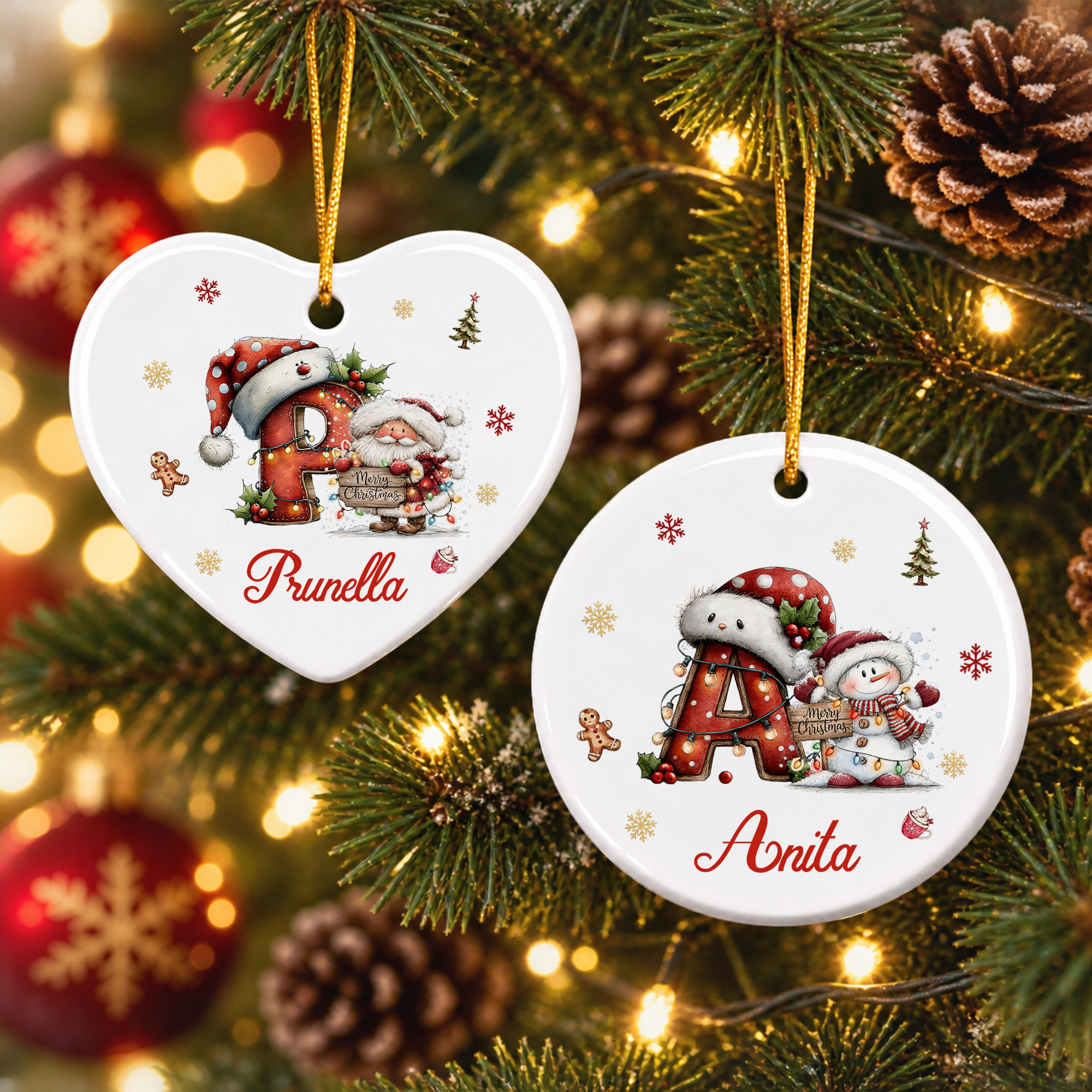 Personalized Snowflake Pine Tree String Light Initial Ceramic Ornament with Name Christmas Tree Decor Holiday Gift for Family Kids