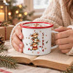 Cadeau de Noël personnalisé : mug émaillé de 12 oz avec bord coloré, décoré d'une vache des Highlands et d'un flocon de neige, personnalisé au nom du destinataire – Cadeau de Noël pour garçons et filles