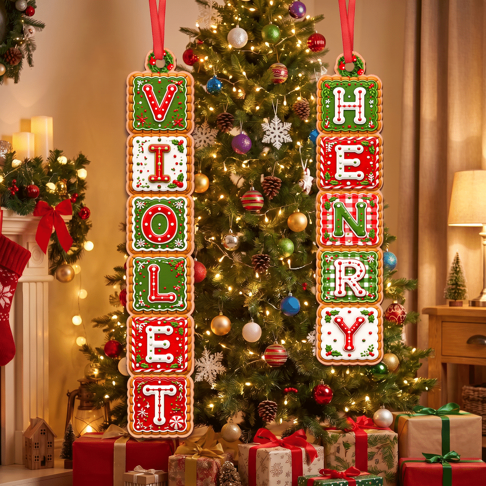 Adorno de madera personalizado con efecto 3D, con nombre en forma de galleta de jengibre, horizontal o vertical, para decorar el árbol de Navidad; regalo navideño para la familia, los niños y los amigos 4