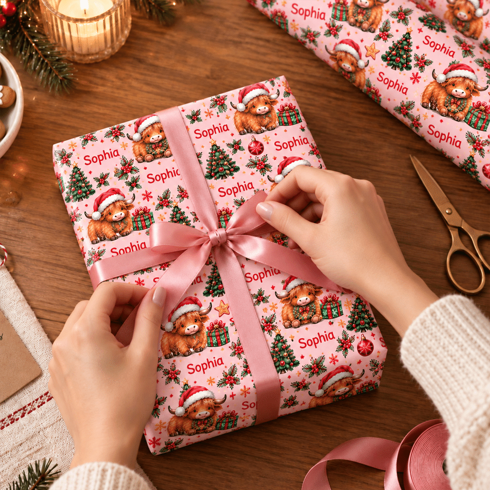 Personalized Highland Cow Christmas Tree Wrapping Paper with Name Christmas Gift for Family Friends 7