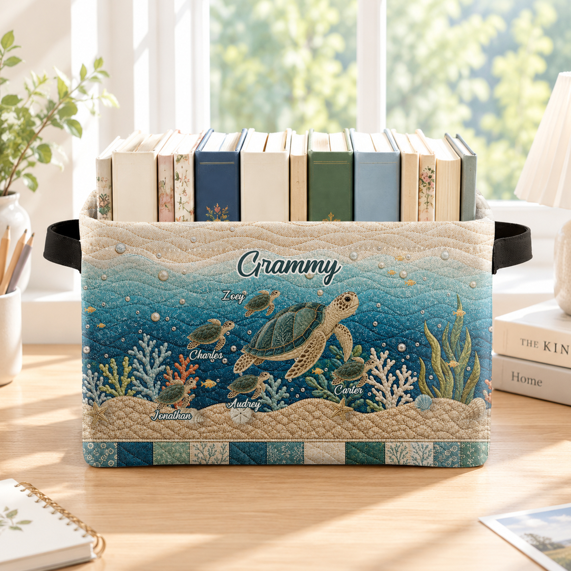 Personalized Ocean Theme Sea Turtle Large Capacity Laundry Basket with Name and Handle Home Decor Birthday Christmas Gift for Nana Mom Bookworm