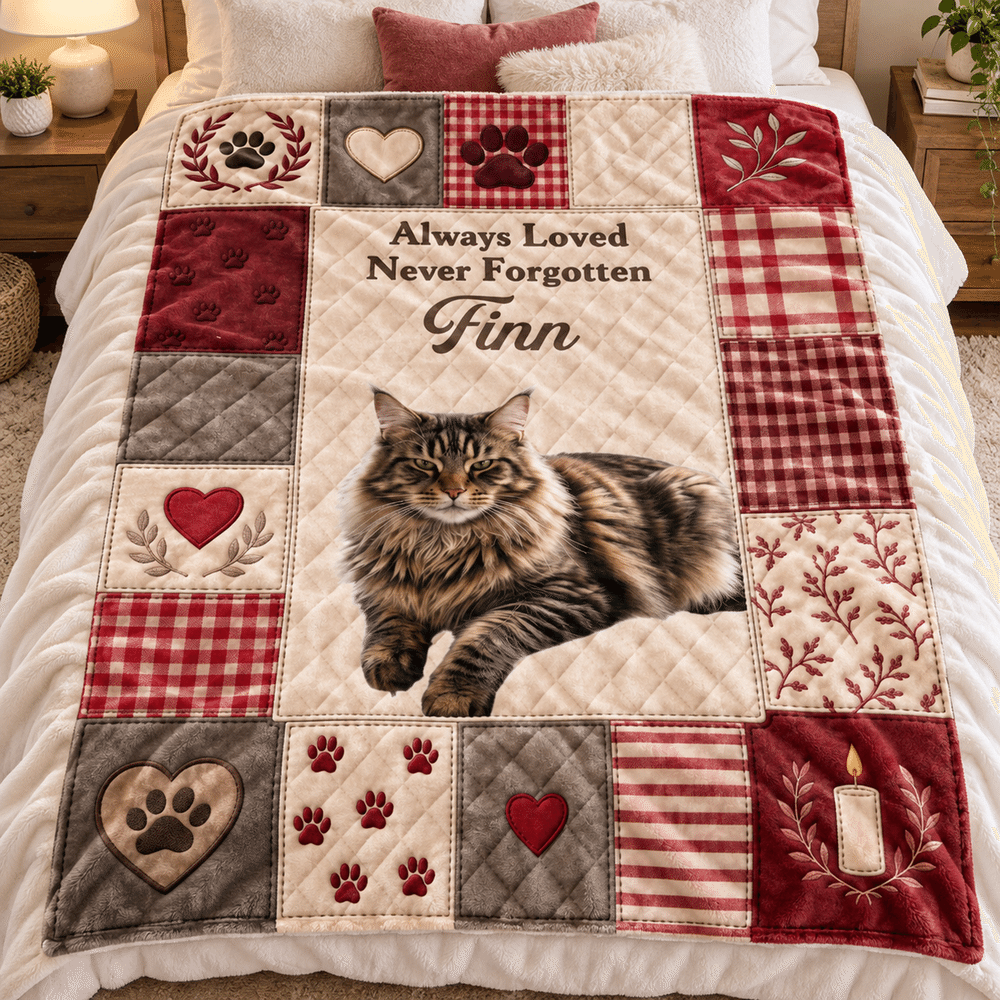 Manta suave personalizada con estampado de huellas de mascota, estilo patchwork con efecto colcha, con foto y nombre; regalo conmemorativo de condolencia por la pérdida de una mascota para el dueño 4