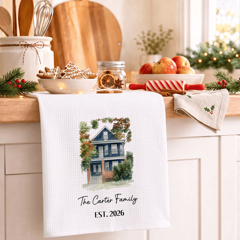 Personalised Watercolor House Photo Soft Waffle Tea Towel with Text and Year Kitchen Decor Housewarming Christmas Gift for Family Friends 6
