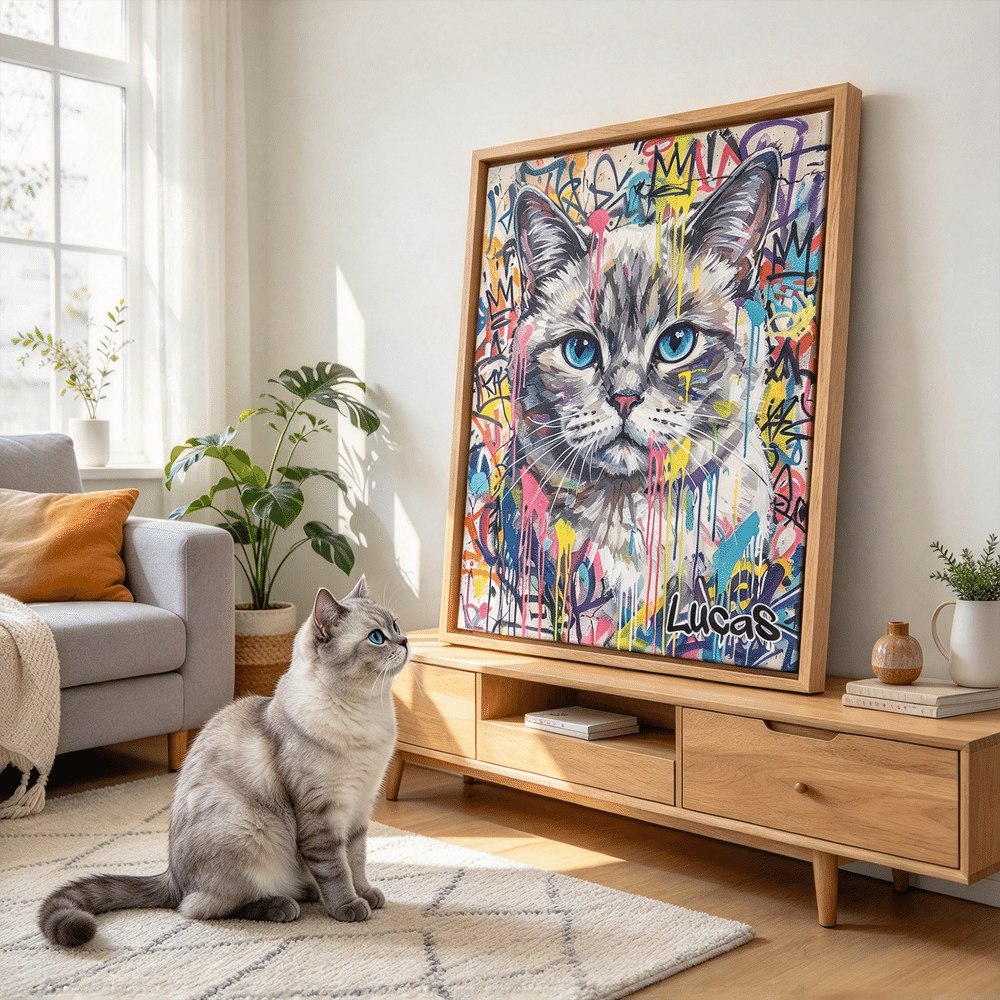 Láminas personalizadas en lienzo con fotos de mascotas y grafitis urbanos, con nombre incluido. Decoración para el hogar. Regalo ideal para fiestas de mascotas, cumpleaños o inauguraciones de casa, para los dueños de mascotas. 4