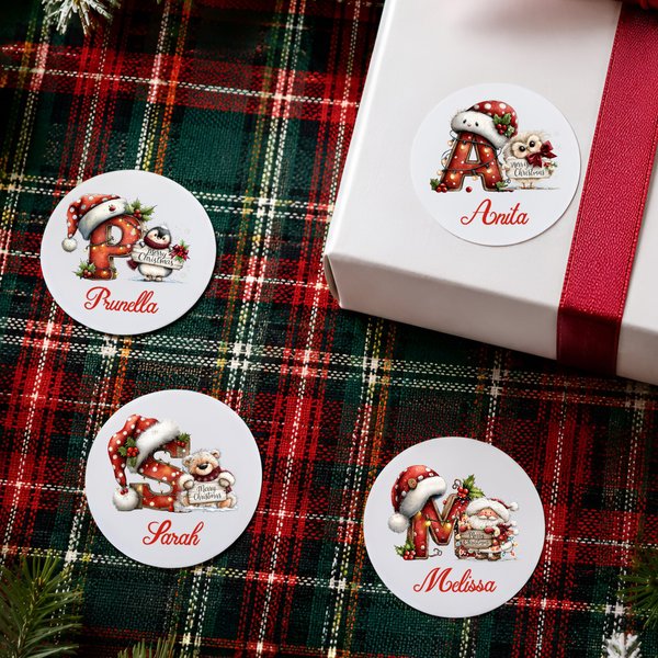 Pegatinas personalizadas de gorros navideños, renos, conejitos, Papá Noel y muñecos de nieve; etiquetas para regalos con iniciales y nombre; regalo navideño festivo para la familia y los niños