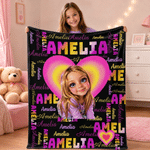 Personalized Cute Cartoon Character Photo Rainbow Heart Name Word Cloud Soft Throw Blanket Birthday Christmas Gift for Teen Girls Daughters 2