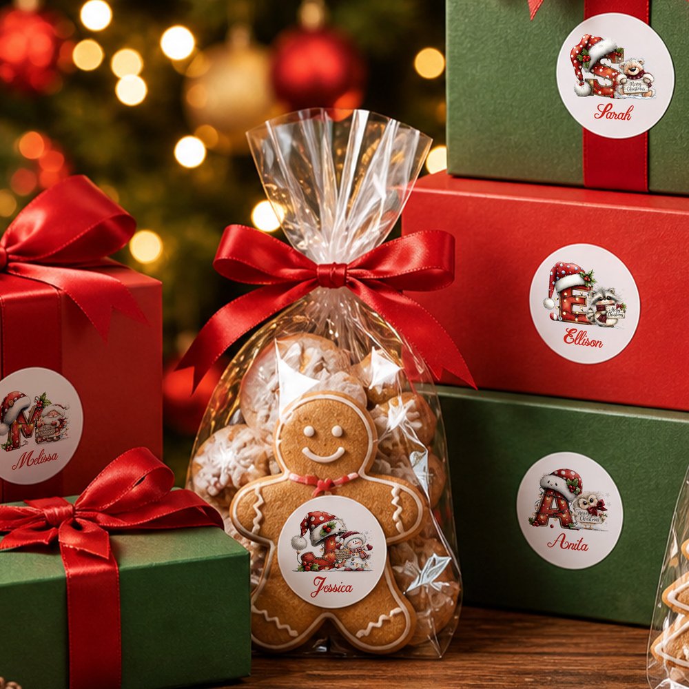 Pegatinas personalizadas de gorros navideños, renos, conejitos, Papá Noel y muñecos de nieve; etiquetas para regalos con iniciales y nombre; regalo navideño festivo para la familia y los niños 6