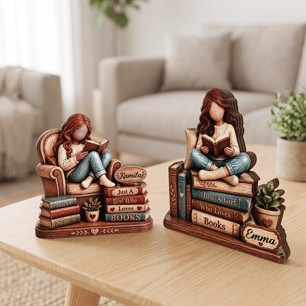 Personalised 3D-Effect Art Cartoon Reading Girl Layered Wooden Decoration with Name Desk Decor Christmas Gift for Girl Book Lover 4