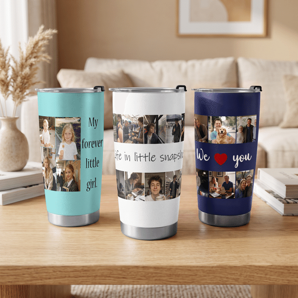 Personalized Photo Collage 20 oz Food Grade Insulated Tumbler with Text and Straw Anniversary Birthday Gift for Wife Husband