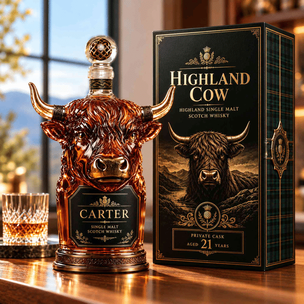 Personalized Highland Cow Glass Whiskey Decanter with Name, Bull Shaped Liquor Bottle & Bar Decor, Birthday/Father Day Gift for Men/Dad/Husband