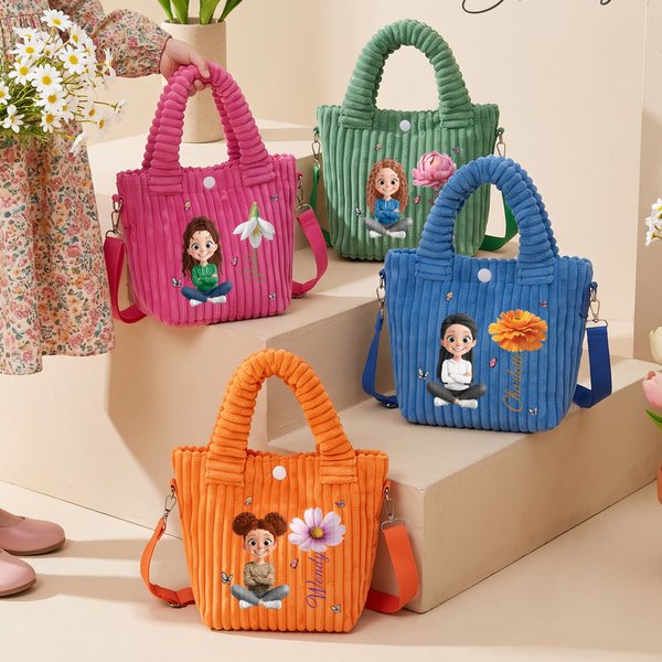Personalized Cartoon Character Birth Flower Corduroy Crossbody Bag with Name Birthday Christmas Gift for Girls
