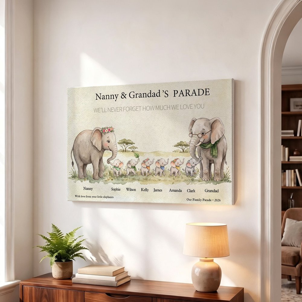 Personalised Cartoon Elephant Family Canvas Poster Framed Painting with 1-10 Names and Year Wall Decor Mother's Day Christmas Gift for Grandparents 3