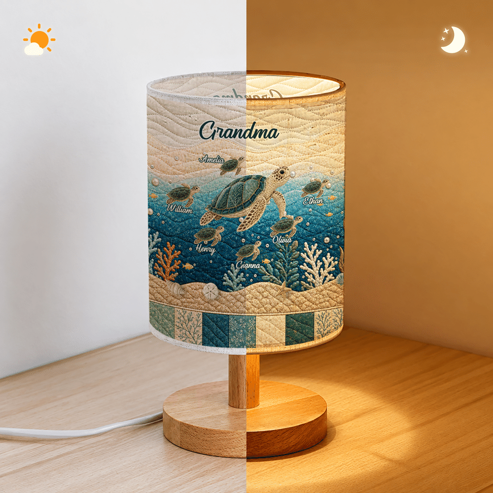 Personalised Sea Turtle Ocean Quilt Style Linen Table Lamp with Name and Title Home Decor Christmas Birthday Gift for Grandma Mum Family 7